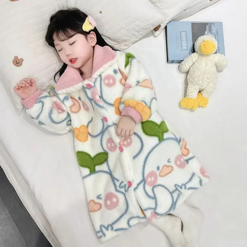 Children's Flannel Nightgown Autumn Winter Cartoon Children's Baby Warm Coral Fleece Pajamas Boys and Girls Bathrobes