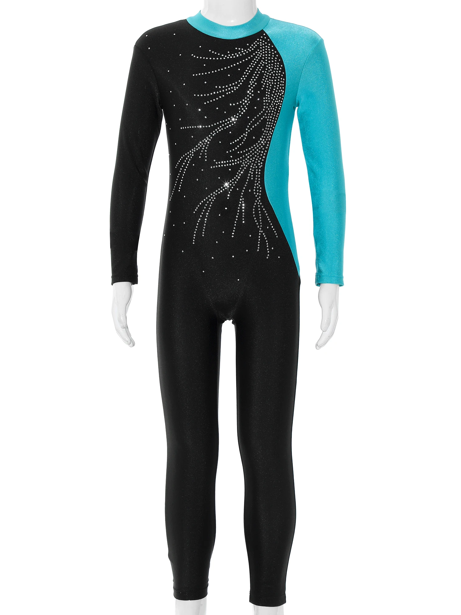 Teens Gymnastics Jumpsuits Kids Shiny Rhinestone Ice Skating Bodysuit Girls Long Sleeve Ballet Dance Full Body Leotards Unitards