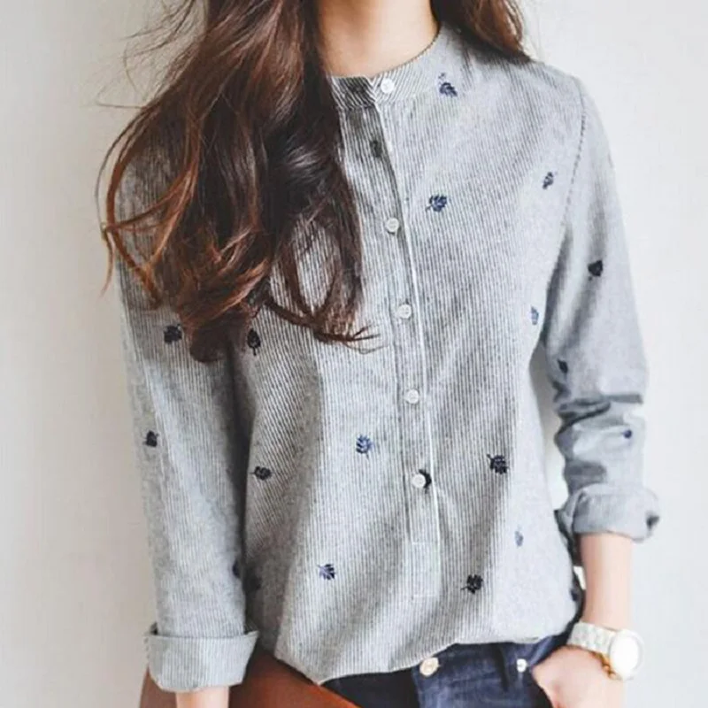 Spring Autumn Shirt Leaves Embroidery 