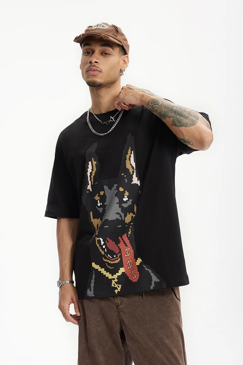 INFLATION Glow-in-the-Dark Doberman Print T-Shirt American Streetwear Loose Fit 100% Cotton Short Sleeve for Men