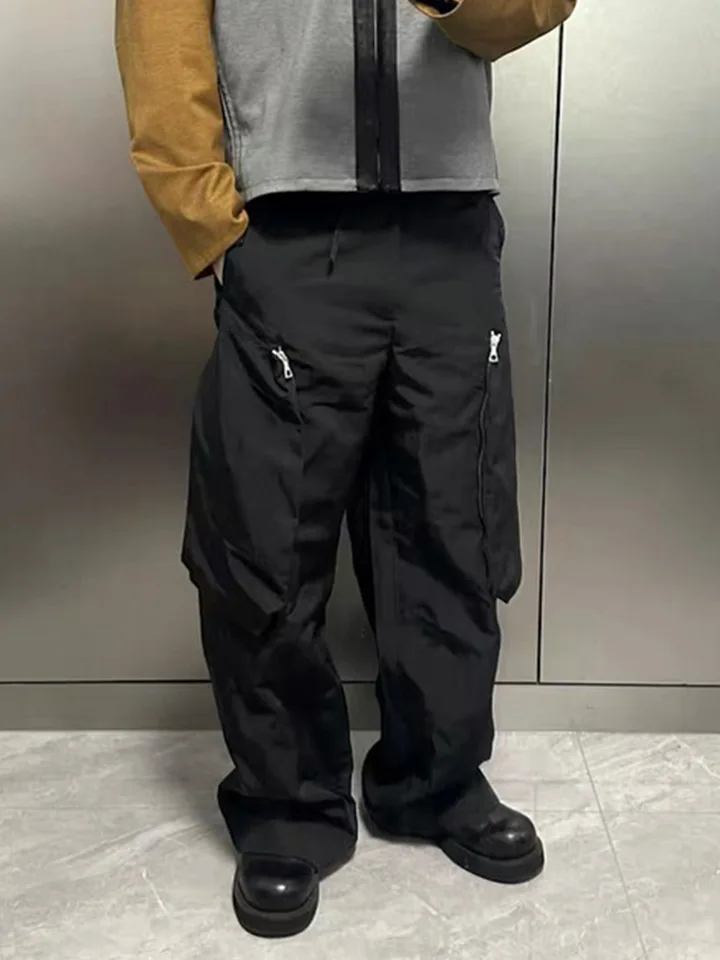 MIJKO Black Nylon Pants with Large Pockets Zipper Drawstring Men's