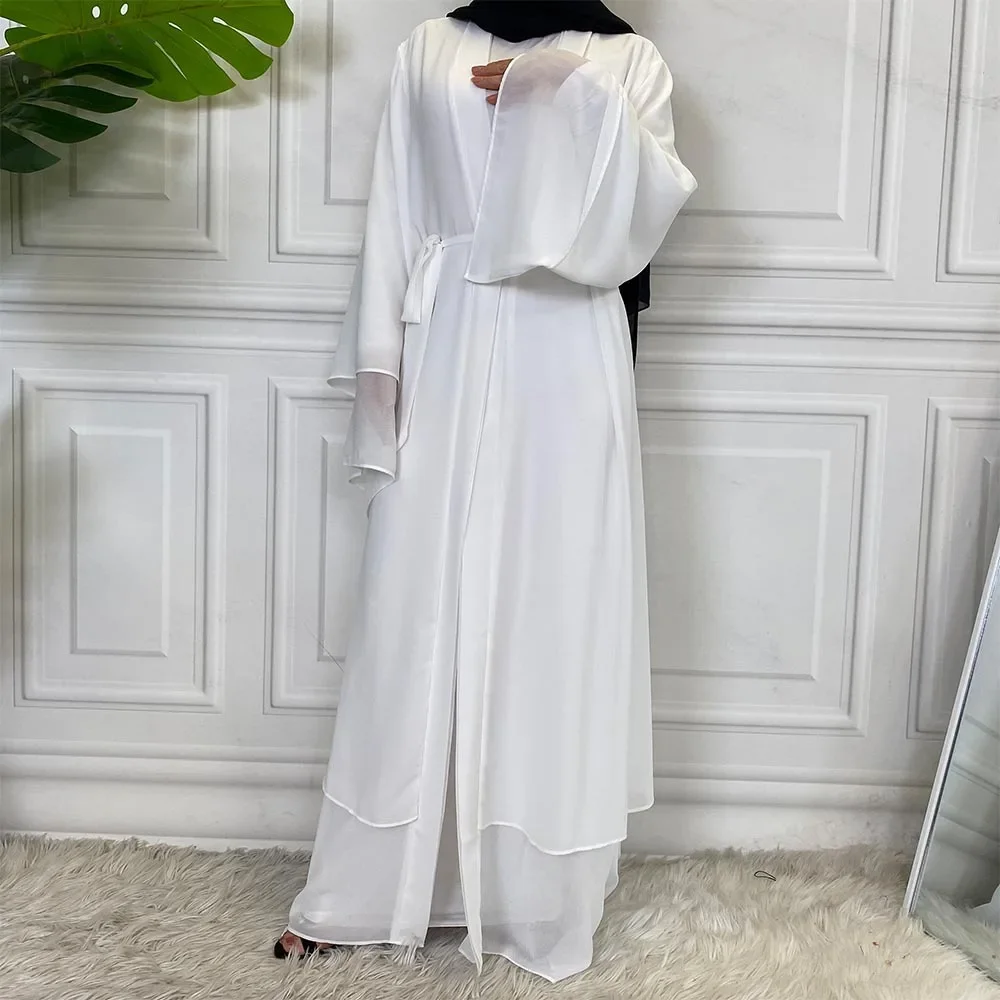 New Solid Color Arab Dubai Fashion Muslim Cardigan Chiffon Gown Fashion Kimono Robe Femme Musulmane Turkish Tunic Open Abaya