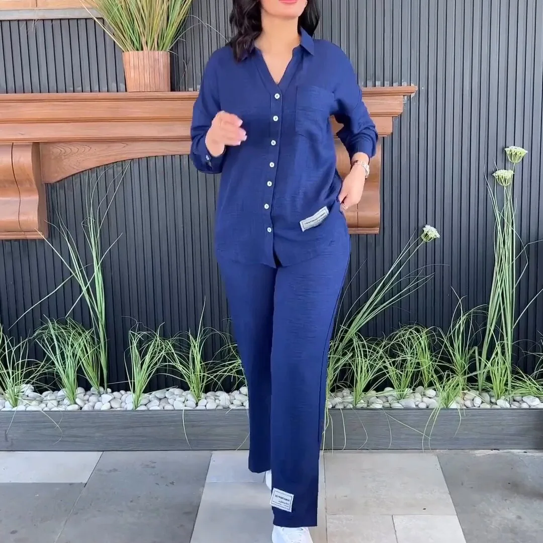 

Женский комплект из однотонного мешковатого топа и широких брюк с высокой талией и разрезом, модная рубашка из двух предметов с длинным рукавом, женская одежда, наряды