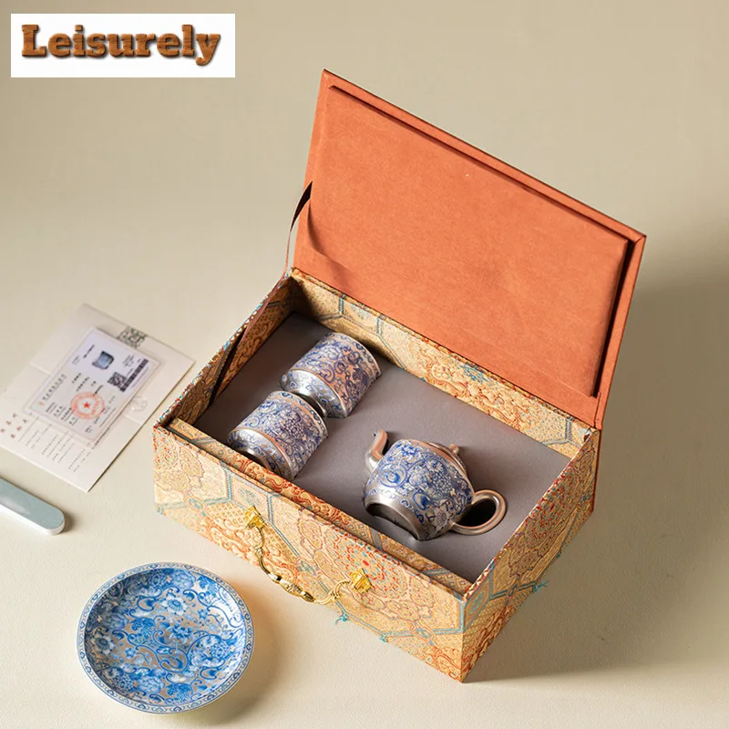 Handmade Gilt Silver Twining Lotus Tea Set Complete Set Japanese Tea Ceremony Set Household Teapot and Tea Cup Set Teaset Craft