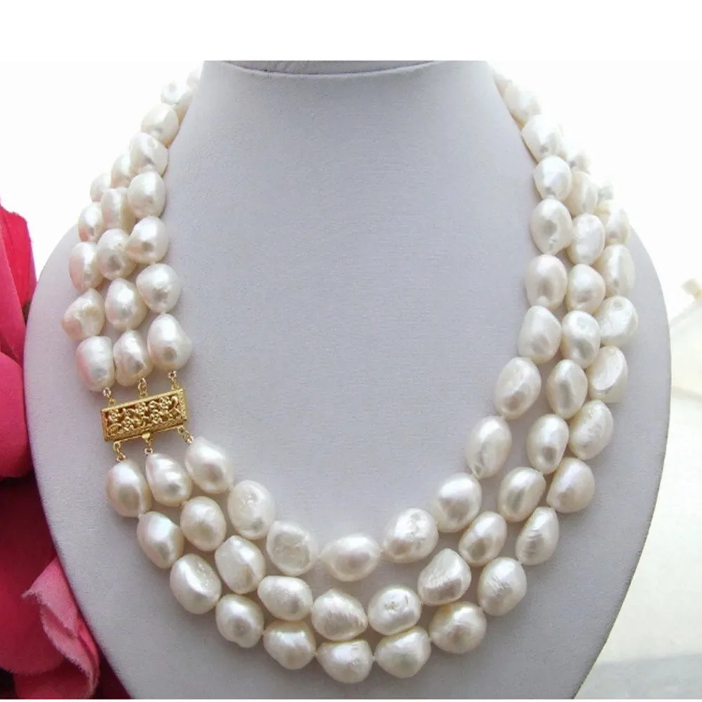 

Hand knotted necklace natural 10-11mm white baroque freshwater pearl sweater chain 3rows 17-19inch