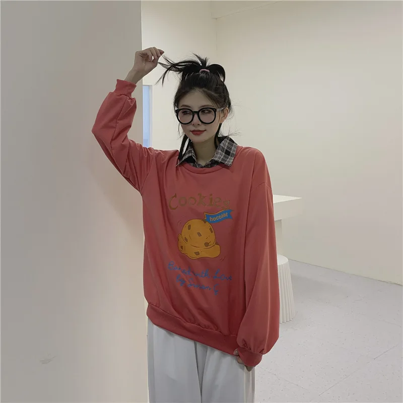 Fake Two Piece Pullovers Japan Style Cotton Graffiti Lapel Loose Casual Sweatshirts Spring Autumn Fashion Thin Long Sleeve Tops