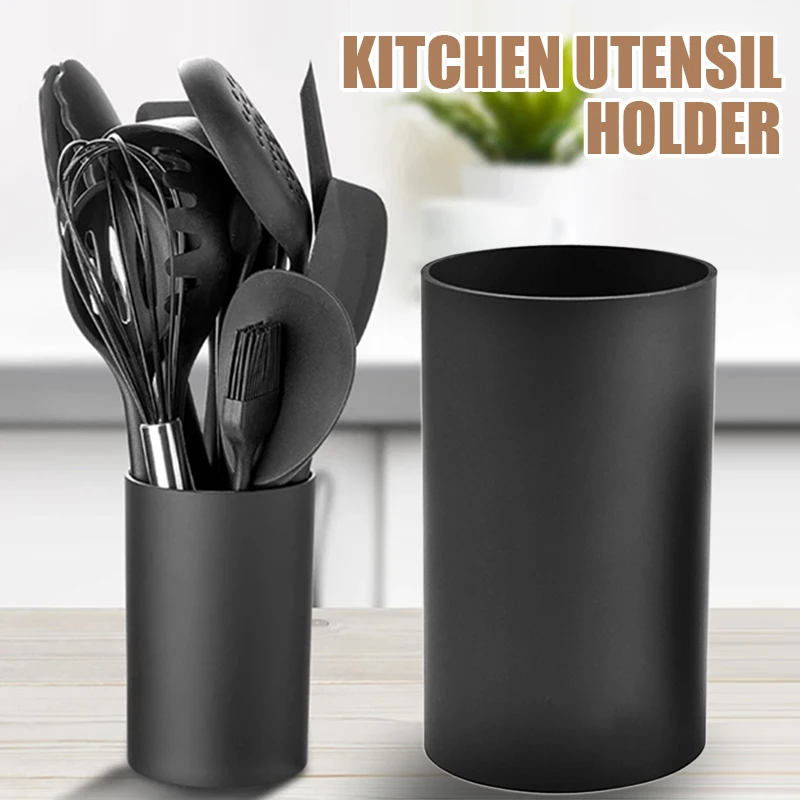 1 Pc Black Plastic Kitchen Utensil Holder Cylinder Storage Box