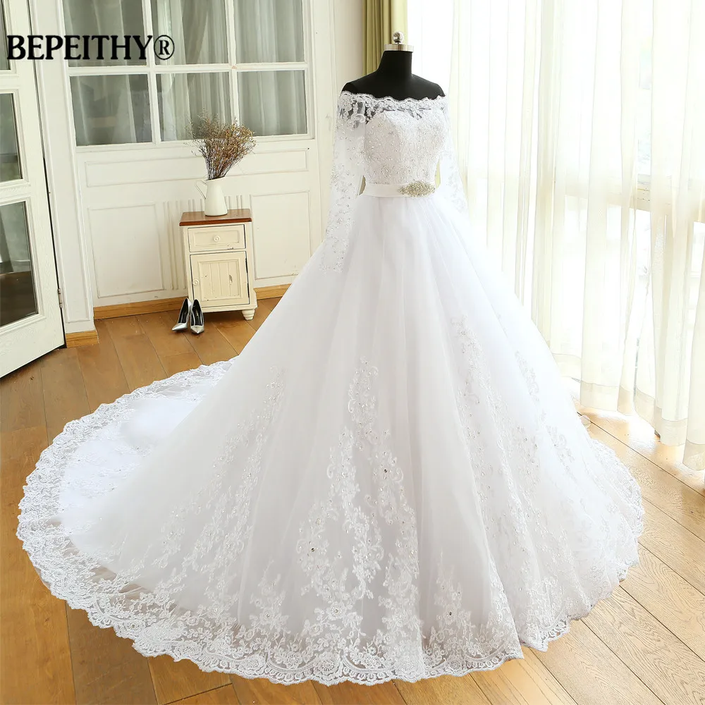 Customized Vestido De Novia Empire Wedding Dresses Chapel Train Long Sleeve Off The Shoulder Cheap Brides Dress Long Bridal Gown 3
