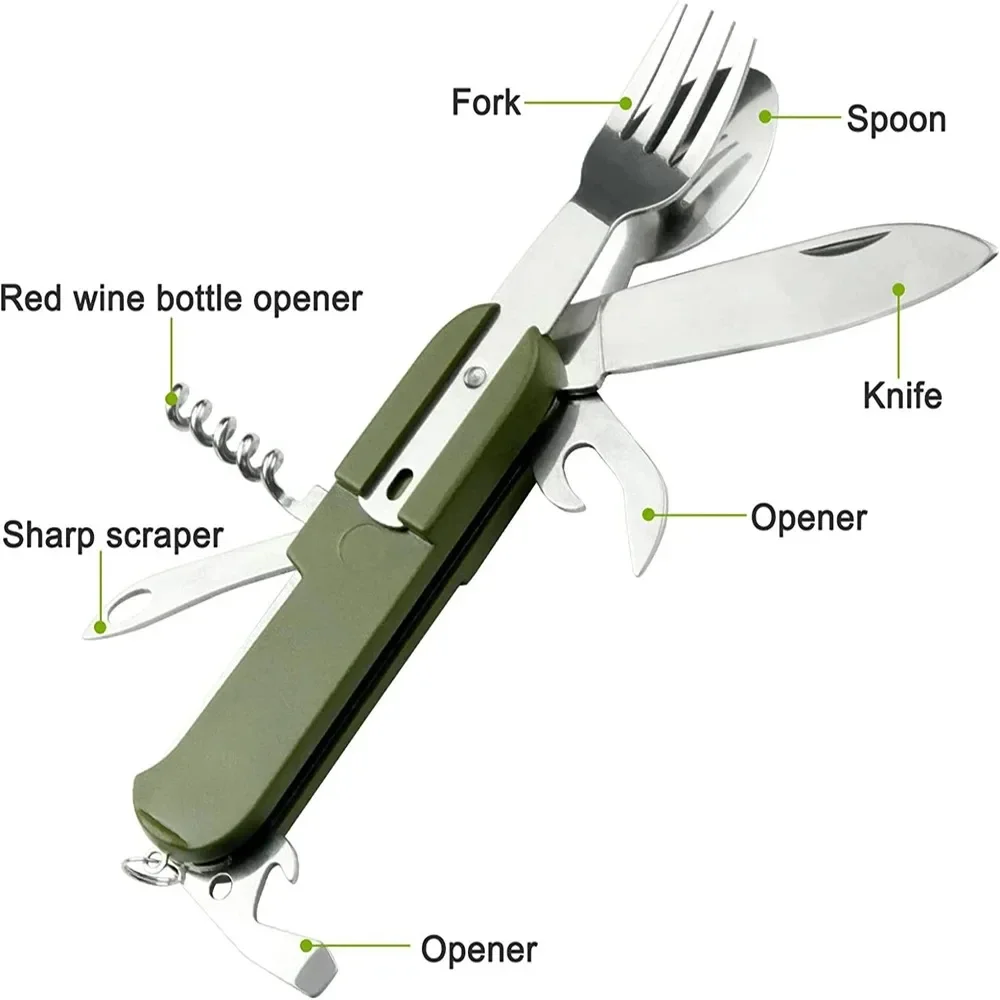 7 In 1 Multifunctional Outdoor Tableware Stainless Steel Foldable Fork Spoon Knife Picnic Camping Hiking Travelling Dinnerware