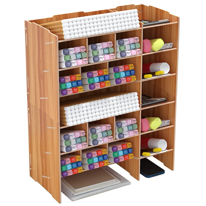 DIY Wood Desk Organizer Tidy Pen Holder Large Capacity Stationery Storage Box With Drawer Student Stationery For Home Office