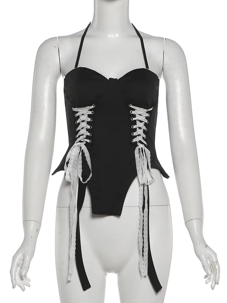 Nibber Fashion Halter Camisole Women Shirring Lace Patchwork Irregular Ruffle Hem Street Wild Music Festival Hottie Clubwear