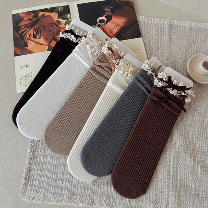 Kids Lace White Socks for Girls Retro Lace Ruffle Bow Calf Socks for Children Spring Autumn Soft Cotton Lolita School Stockings