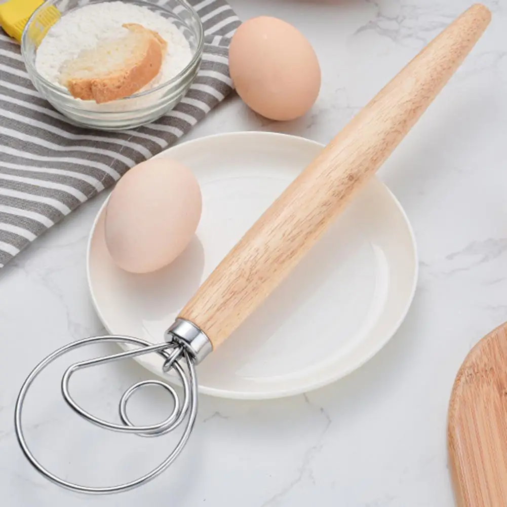 

Flour Mixer Stainless Steel Wooden Dough Whisk With Oak Handle Double Holes Flour Cake Stirrer Cream Mixing Rods For Mixing