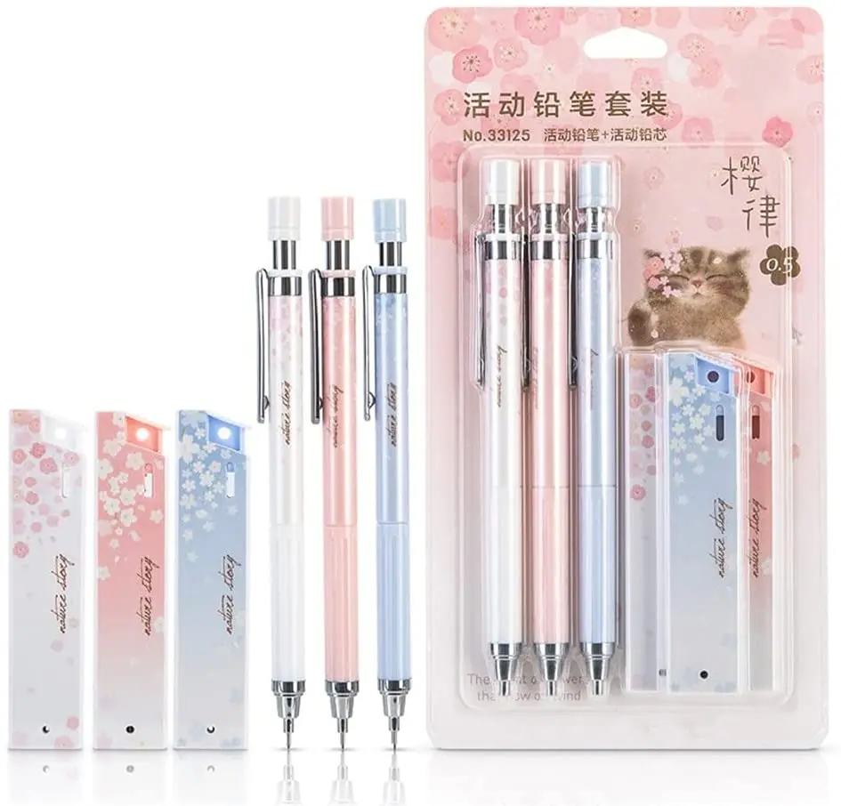 

3Pcs Mechanical Pencils 0.5mm Kawaii Pencils Cute Pens Aesthetic with Lead Refills Cherry Blossom Kawaii Automatic Pens for Scho