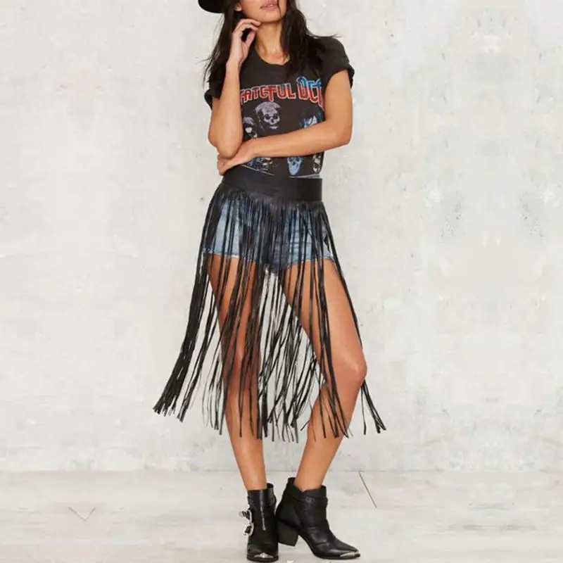 Womens High Waist Faux Leather Tassels Skirt Body Harness Punk Party Clubwear Charm Center Confident dance 6