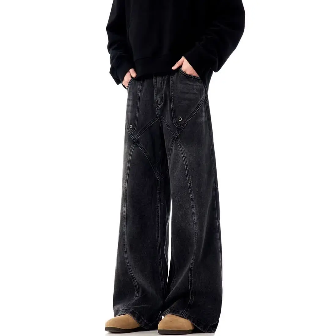 Street Hip Hop Trendy Handsome Splicing Water Washed Jeans for Men and Women Autumn Retro Loose Wide Leg Harajuku Casual Pants 3