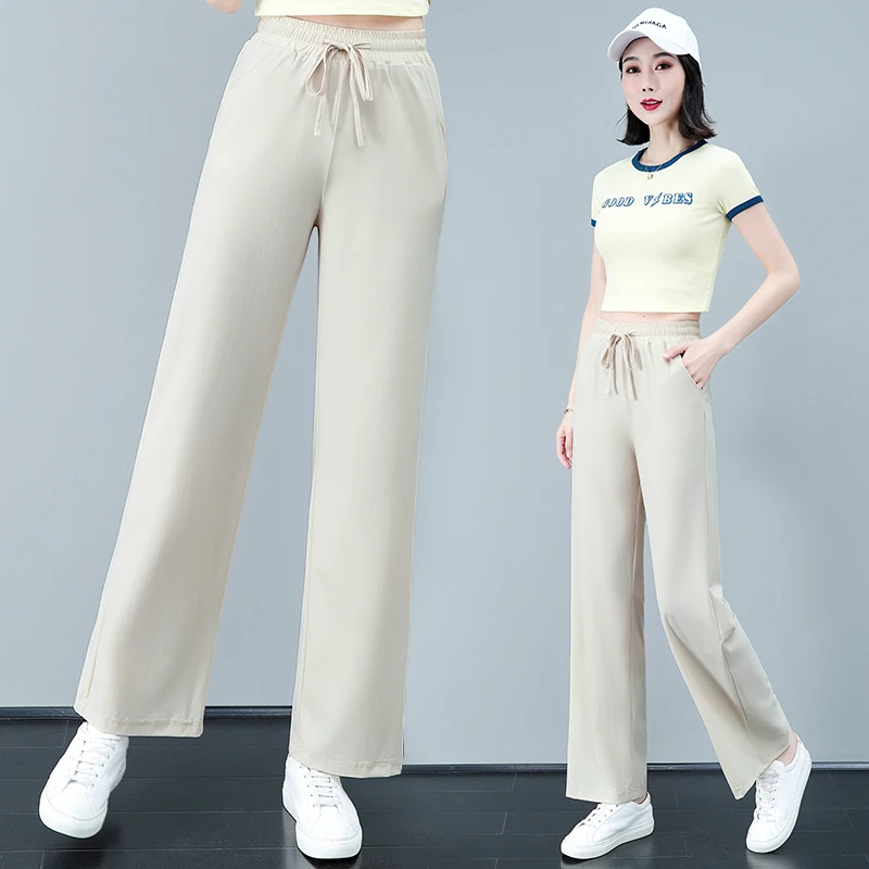 Fashion Popular High Waist Ice Silk Quick Drying Wide Leg Pants For Women'S New Summer Casual Versatile Straight Leg Trousers