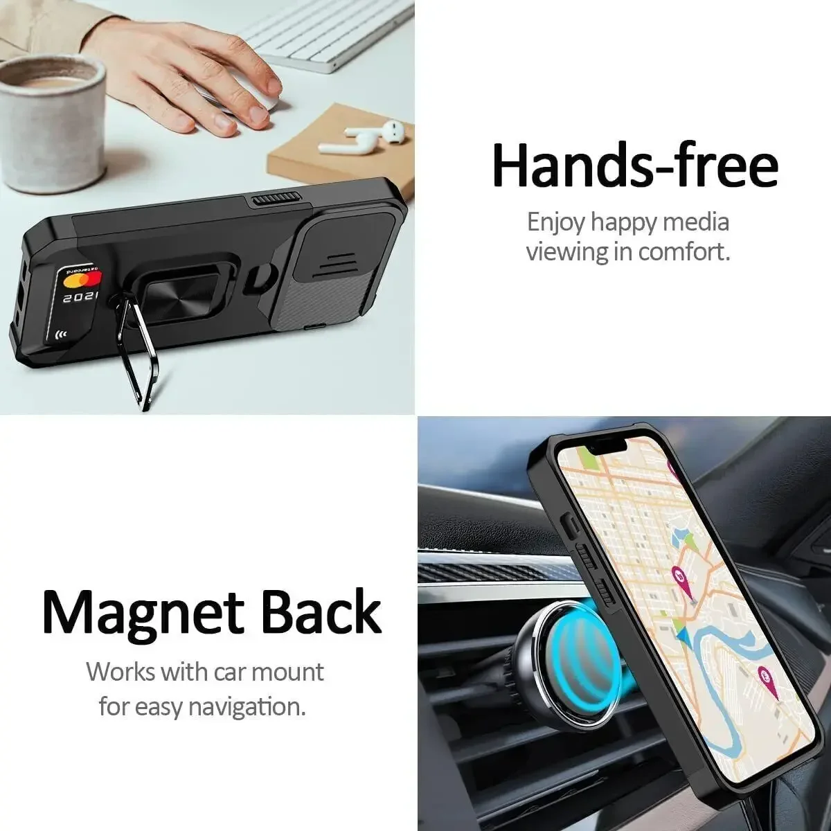 Enhanced Protective Kickstand Armor Case with Magnetic Ring Holder