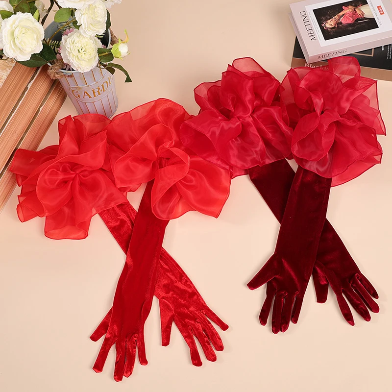 Wedding Bridal Gloves Elegant Red Black White Long Velvet Gloves Elbow Arm Full Finger Women Bridal Dress Mittens 1 Pair wedding dress gloves