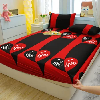 1 Simple Modern Heart-Shaped Printed Matte Fitted Sheet, Bedroom Printed Bed Cover, Bedding (Excluding Pillowcases)