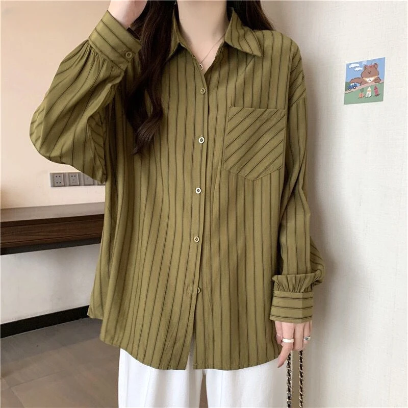

Premium Loose Women Shirt Turn-down Elegant Striped Collar Preppy Style Classic Fashion Hipster Women's Clothing Cardigan V450