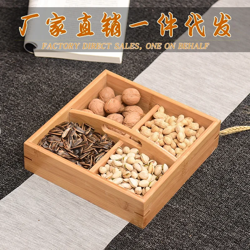 

Bamboo Wedding Candy Storage Box with Cover Wedding Box Fruit Plate Dried Fruit Box Melon Seed Plate Handle Snack Nut Box