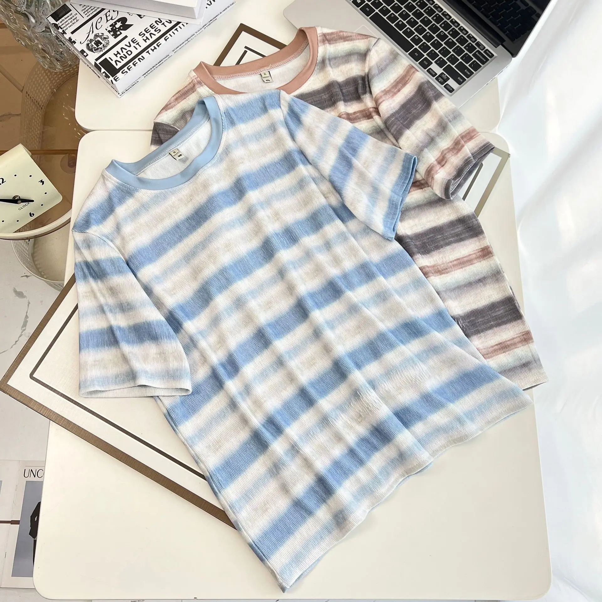 100kg Summer Top New Style Casual Tie Dye Colour Strip Short Sleeve Tees Plus Size Women's T-shirt 8295