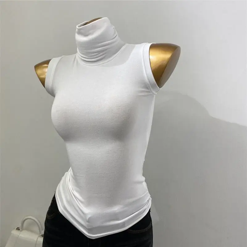 Damen Tanktop mit hohem Kragen, ärmellos, figurbetont, dehnbar, durchscheinend, atmungsaktiv, leicht, Coquette Y2K, lässig, Party, Layering, Basisschicht
