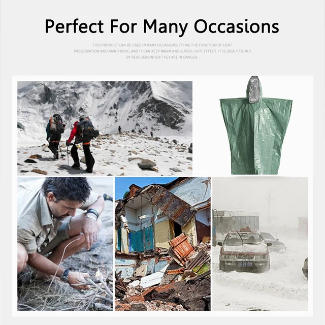 Sürgősségi Esőhárék Esőkabát Szélálló Hidegálló Esőabát Unisex Kültéri Túlélési Eszköz Túrázás Kerékpározás Elsősegély -Ellátás Zöld - Image 5