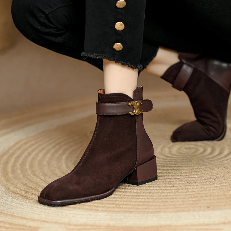

British Style Low Heels Ankle Boots Women 2023 Autumn Suede Faux Square Toe Short Boots Woman Thick Square Heel Retro Booties