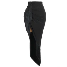  2022 Latin Dance Skirt Female Rumba Dance Costume Irregular Black Fringe Skirt Sexy Slit Performance Wear Salsa Skirt DNV16051 