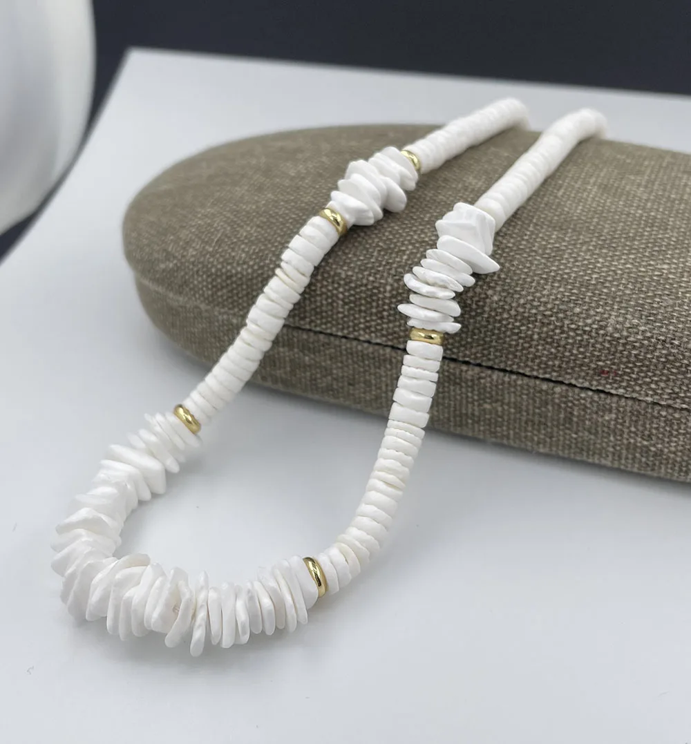 White Heishi Shell Beaded Classic Boho Surfer Necklace 18in when open. | Surfer  necklace, Shell beads, Puka shell necklace