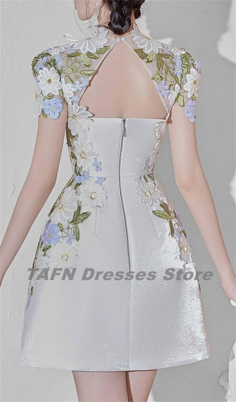 TAFN Pastrol Party Gown Floral Appliques A-line Short Sleeves Evening Dresses Above Knee Homecoming Dresses Customized