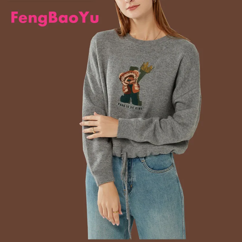 

Fengbaoyu Autumn Winter Women's Cashmere Sweater Crewneck Thick Cartoon Animal Figure Decorative Sweater Women's Bottom Shirt