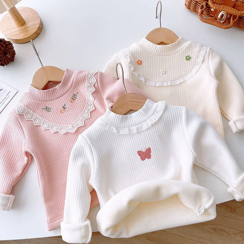 Girls Fleece Padded Shirts Cute Embroidery Flower Tops