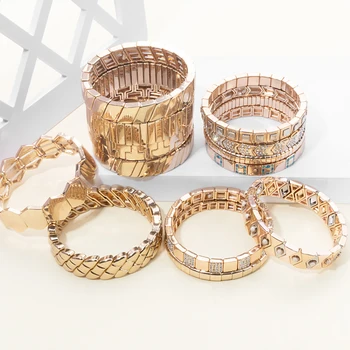 2024 New Fashions Bohemian Enamel Bracelet Gold Color Alloy Muti-Shape Beads Elastic Bangle for Women Jewelry Accessories 1