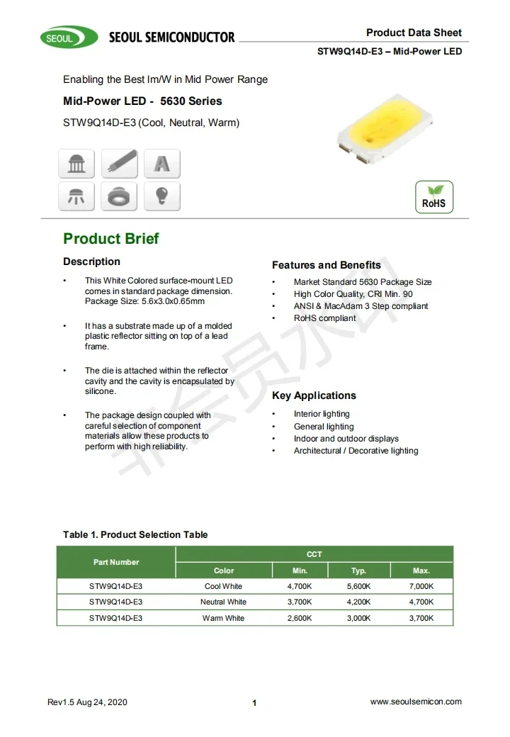 100 Stück KoreaSeoul 5630 SMD LED 3 V 150 mA CRI 90+ 135 lm/w 2700 K bis 6500 K erhältlich – Detail 1
