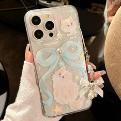 Cute Cartoon Cat Pearl Phone Case with Shiny Bow and Shockproof Bumper - 13 Pro Max (A1)