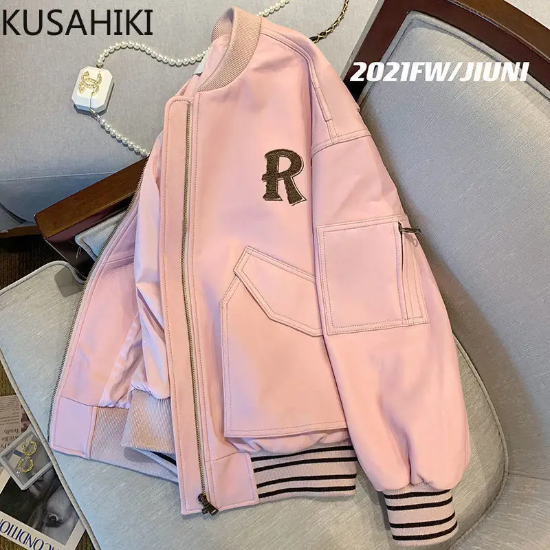 Kusahiki Korean Women Baseball Jacket Causal Hit Coilor Stripe Long