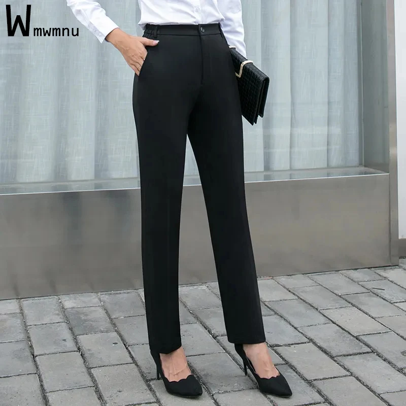 Black Formal Straight Pant Office Lady High Elastic Waist Zipper Fly ...