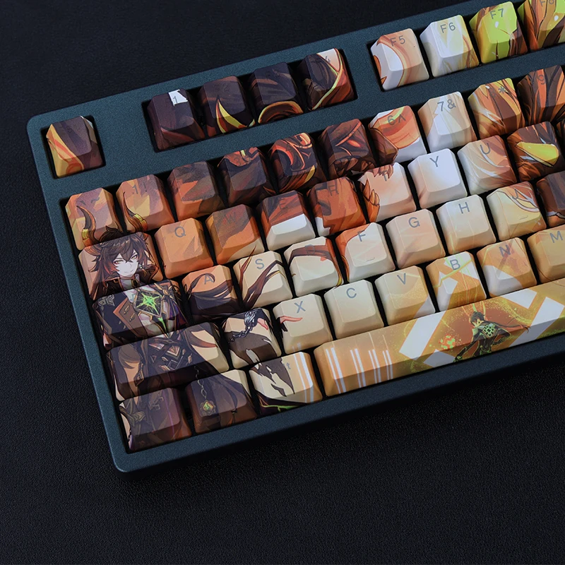 Chaves Conjunto Lados Pbt Tintura Subbed Keycaps Anime dos Desenhos Animados Gaming Keycap Backlit para Genshin Impacto Morax 108 - Imagem 2