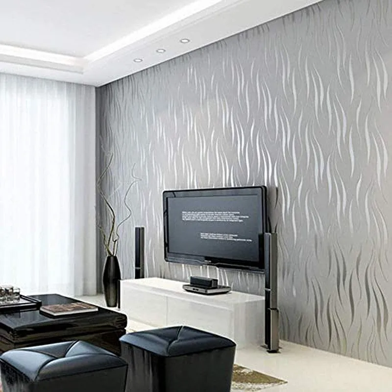 

3d White Living Room Wallpaper Flocking Embossed Wall Paper Grey Wallpaper Roll for Walls Striped Wave Pattern Non-woven Fabric