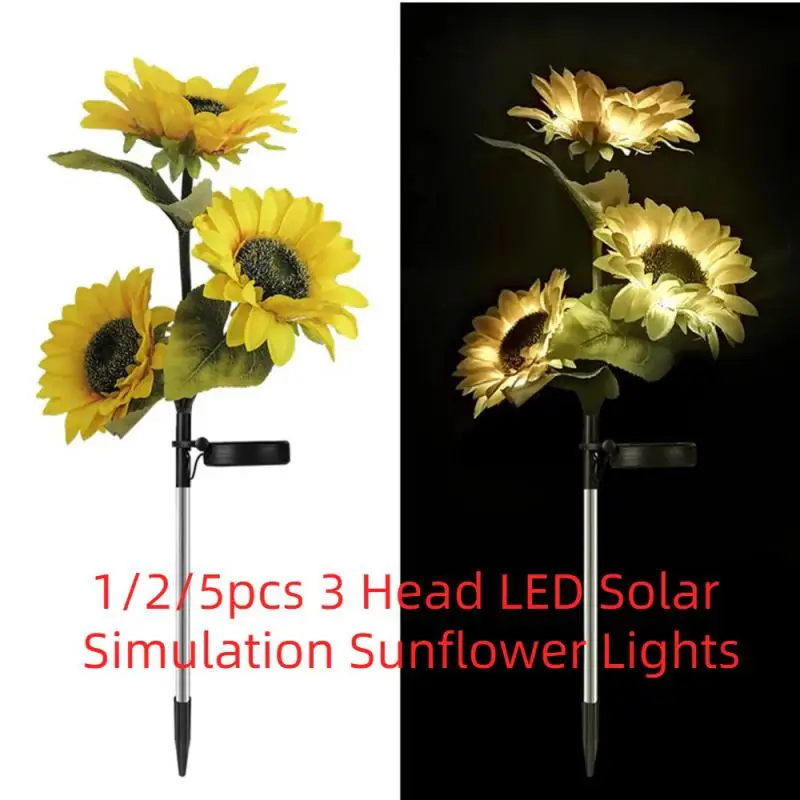 1/2/5pcs 3 Head LED Solar Simulation Sunflower Lights Garden Yard Lawn Night Lights Landscape Lamp Home Decoration Flower Light