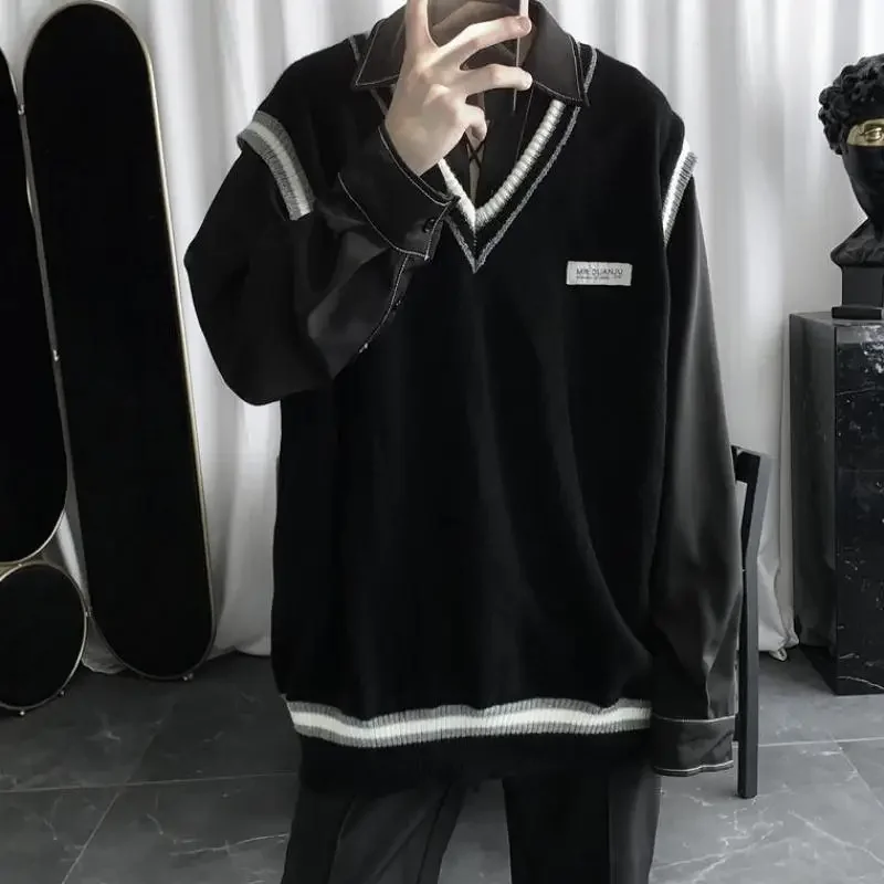 Men's Knitted Vest Korean Style Waistcoat Autumnr and Winter Vintage Sweaters Male Designer Harajuku Loose Fit Open New In Cheap