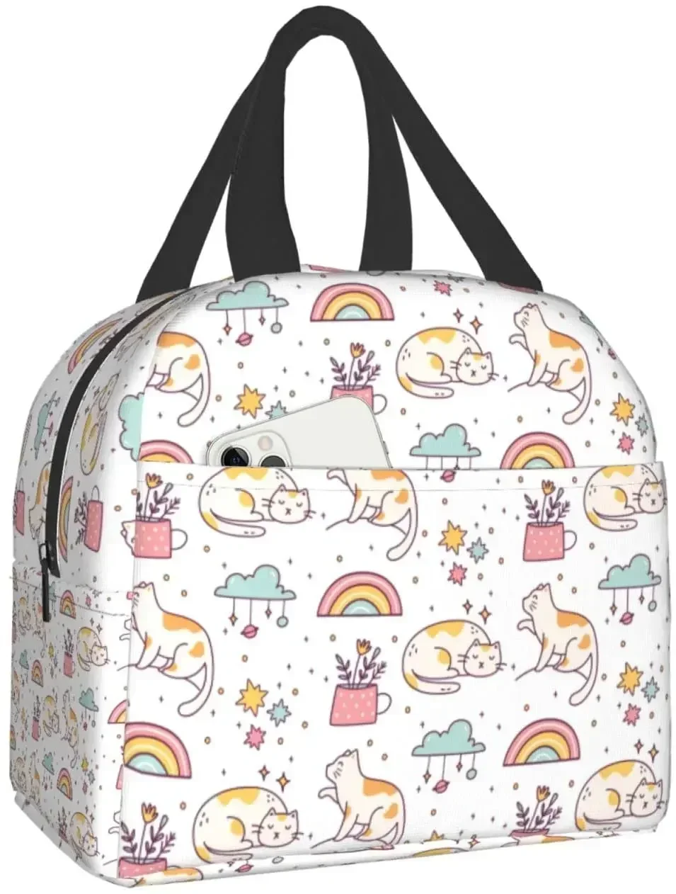 

Cute cat Lunch Box Bento Box Insulated Lunch Boxes Reusable Waterproof Lunch Bag With Front Pocket For Office Picnic Beach