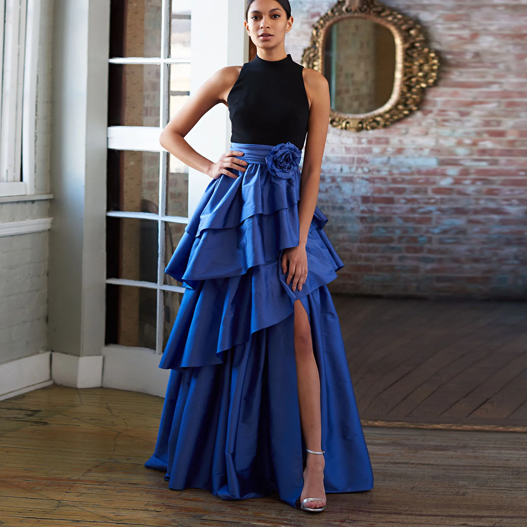 Abito Da Ballo PAVERJER In Raso Blu Navy - Spalle Scoperte, A-Line Con Spacco, Lunghezza Pavimento, Con Tasche, Taglie Forti - 3