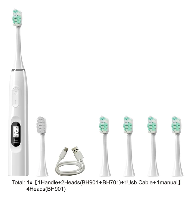 Sfeel 15 Modes LCD Screen Sonic Smart Electric Toothbrush Adult Timer USB Type C Rechargeable IPX7 Waterproof Whitening White-6 heads