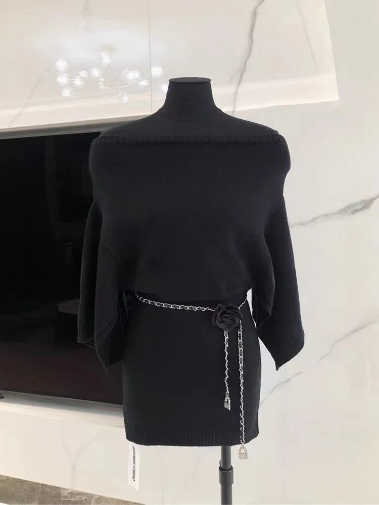2025 New Autumn Women's Clothing One-word Shoulder Long-sleeved Loose Dress Elegant Knitwear Sexy Casual Short Skirt