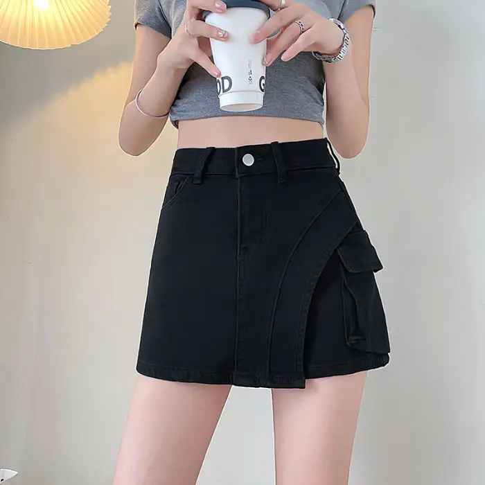 Mini Skirt Solid Color High Waist Pockets Spring Summer Retro Women Slim Irregular A-Line Work Short Skirt Casual Fashion Simple