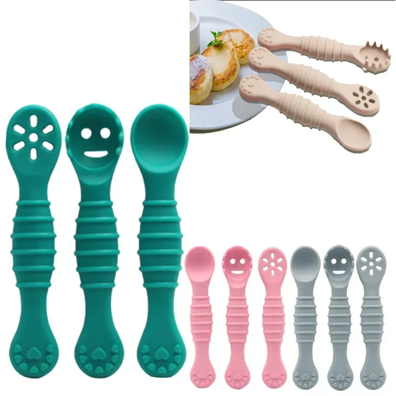 3PCS Cute Baby Learning Spoons Utensils Set Food Grade Silicone Sticky Spoon Children Cutlery Training Spoon Feeding Tableware 2